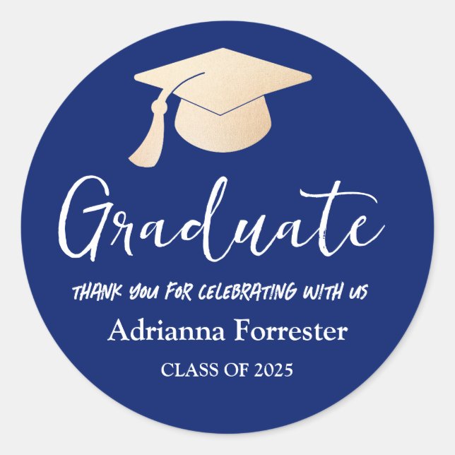 Graduate Script | Grad Hat | Thank You Navy Blue Classic Round Sticker (Front)