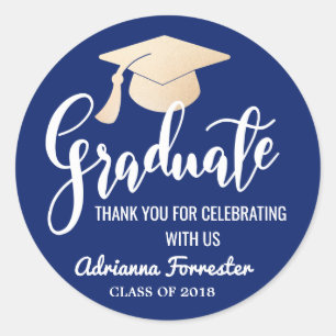 Graduate Script   Grad Hat   Thank You Navy Blue Classic Round Sticker