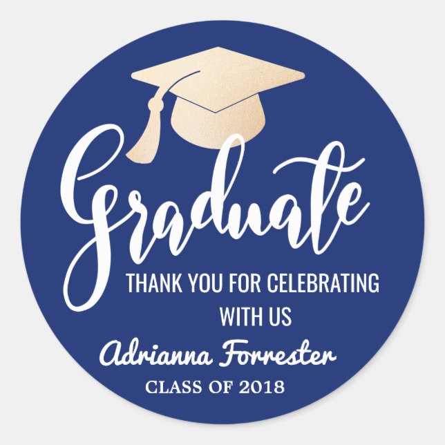 Graduate Script | Grad Hat | Thank You Navy Blue Classic Round Sticker (Front)