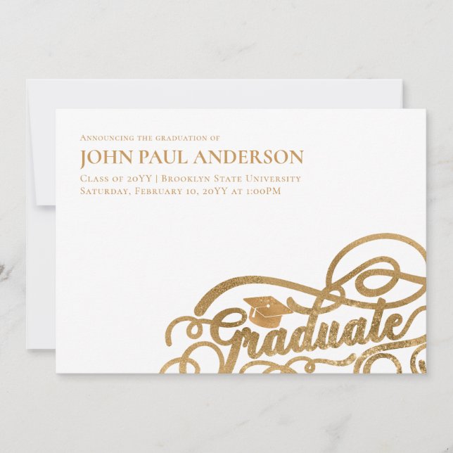 Graduate Script Graduation Grad Cap White Gold Announcement (Front)