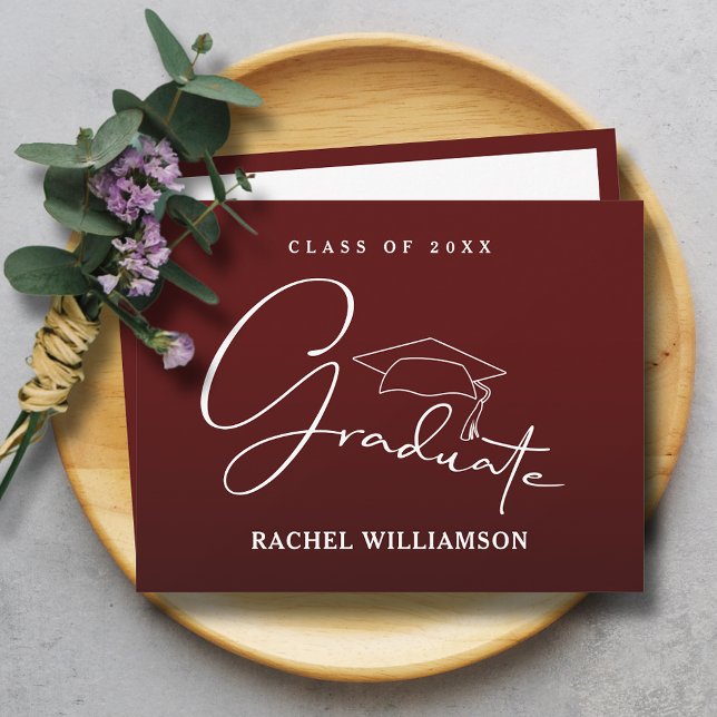 Graduate Script Maroon Thank You Card (Graduate in white script calligraphy on maroon flat thank you note cards with message on the back)