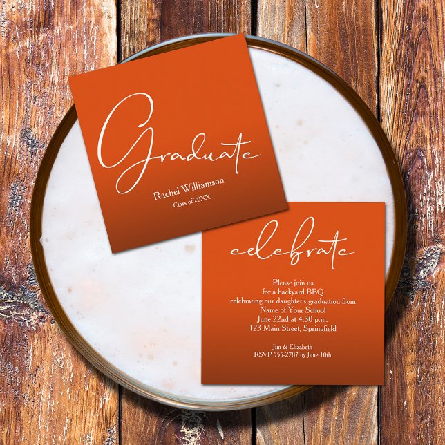 Graduate Script Orange Party Enclosure Card (Small 2.5" x 2.5" invitations to hand out or mail with your graduation announcements (no envelopes))