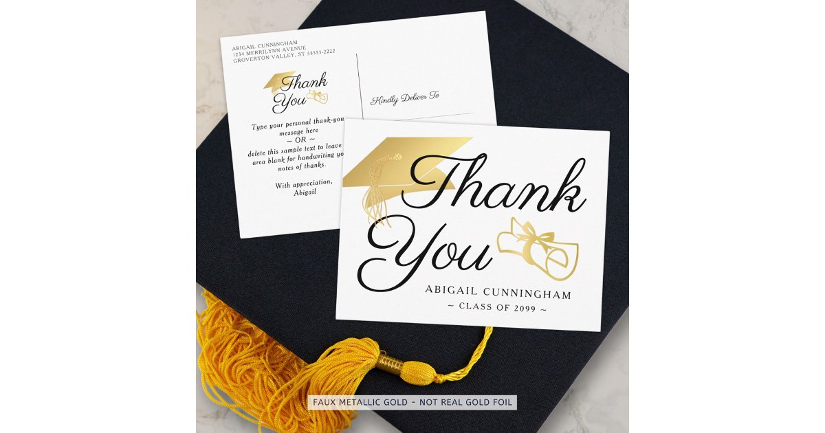 Graduate Script Thank You Faux Gold Cap Diploma Postcard | Zazzle