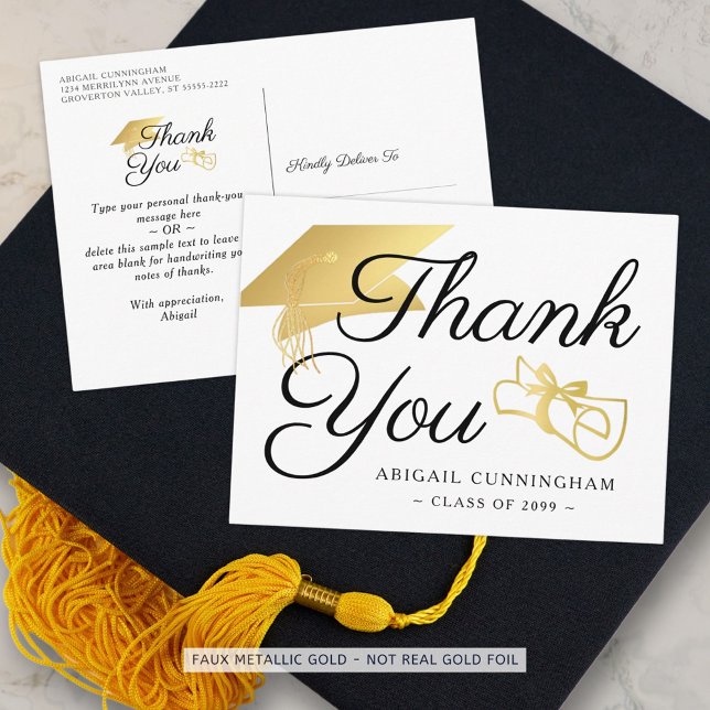 Graduate Script Thank You Faux Gold Cap Diploma Postcard (Creator Uploaded)