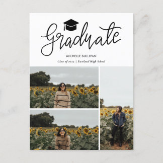 Graduate Script | Three Grad Photo Collage Announcement Postcard