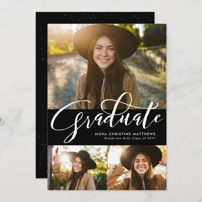Graduate script three photo black graduation invitation (Front/Back)