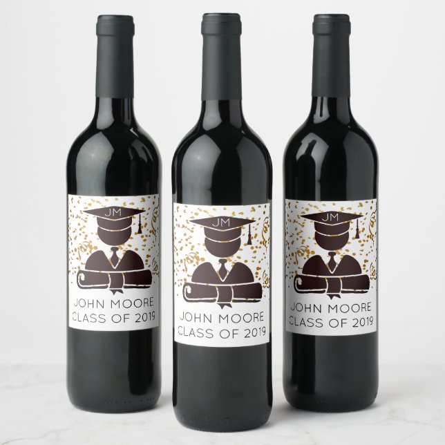 Graduate Silhouette Diploma And Confetti Wine Label (Bottles)