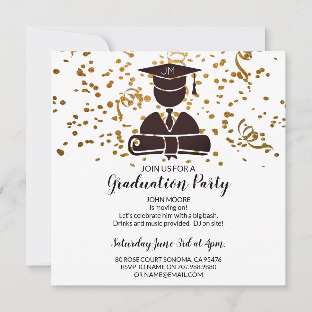 Graduate Silhouette Diploma & Cap Confetti Invitation (Front)