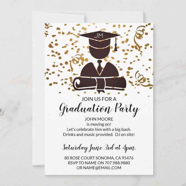 Graduate Silhouette With Diploma And Confetti Invitation (Front)