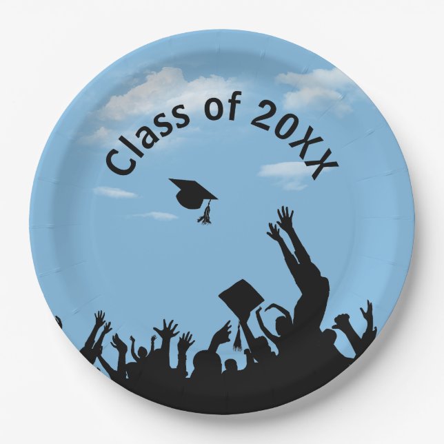 Graduate Silhouettes On Blue Sky Paper Plate (Front)