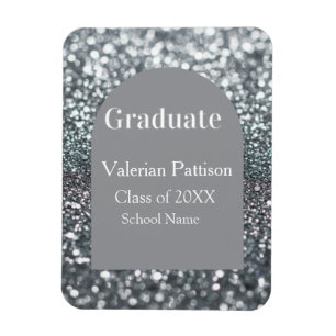 Graduate silver gray glitter arch shape name year magnet