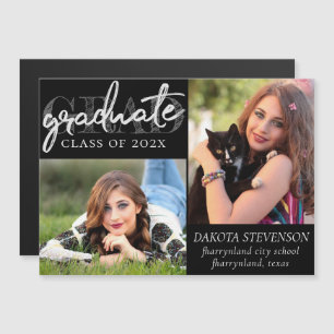 Graduate Silver Script   Brush 2 Photo Keepsake Magnetic Invitation