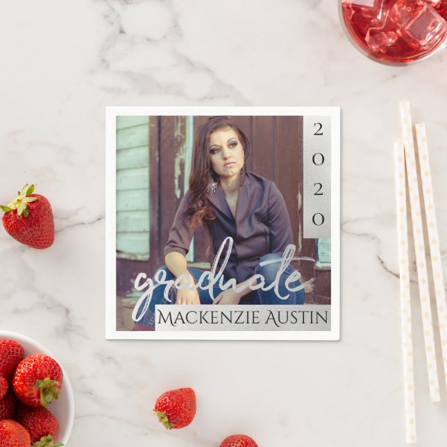 Graduate Silver Script | Brush Grad Photo Keepsake Napkin (Insitu)