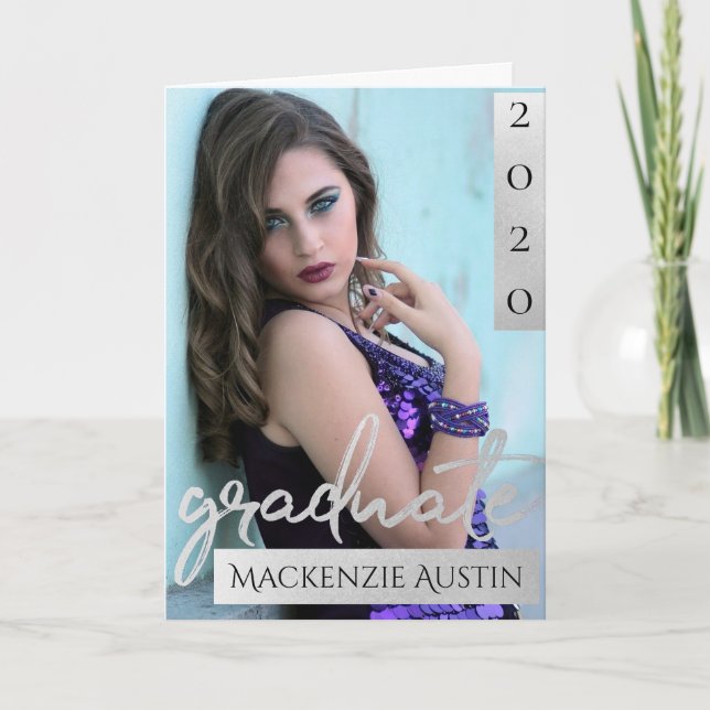 Graduate Silver Script | Brush Grad Photo Keepsake Thank You Card (Front)