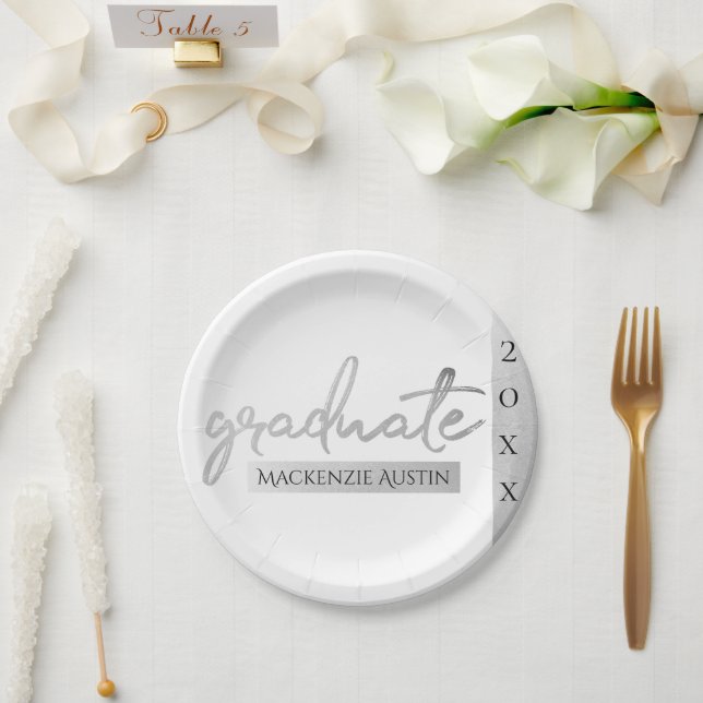 Graduate Silver Script | Trendy Faux Metallic Paper Plate (Wedding)