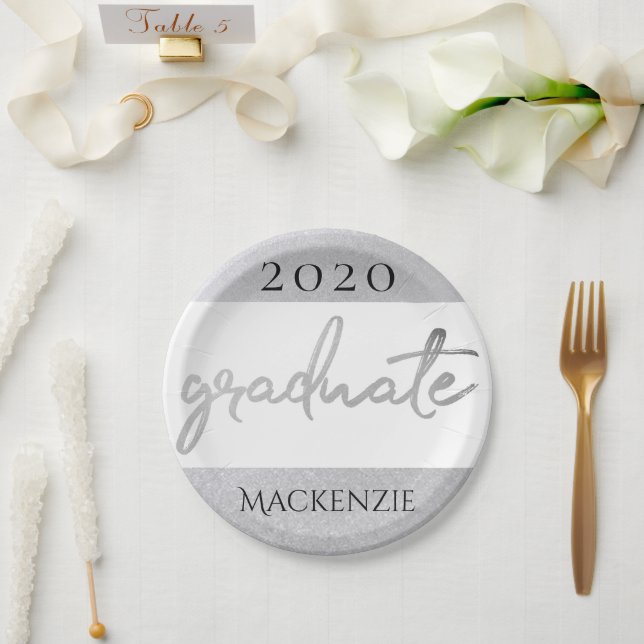 Graduate Silver Script | Trendy Faux Metallic Paper Plate (Wedding)