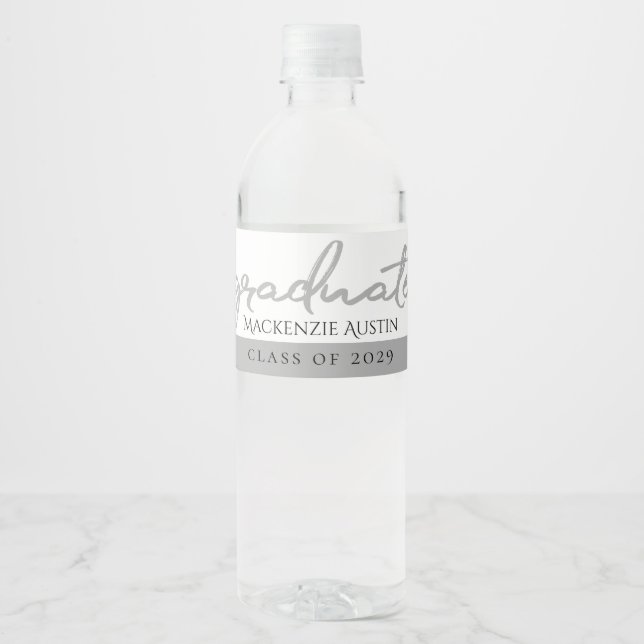 Graduate Silver Script | Trendy Faux Metallic Water Bottle Label (Front)