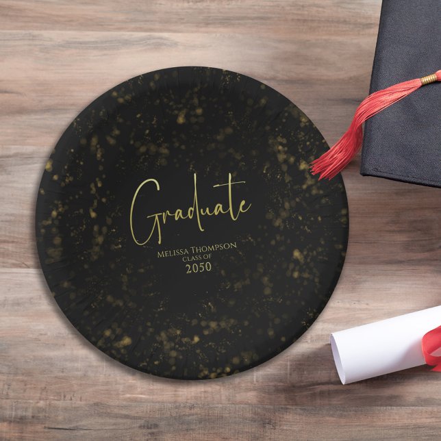 Graduate Simple Grad Black Gold Calligraphy Script Paper Plate (Creator Uploaded)