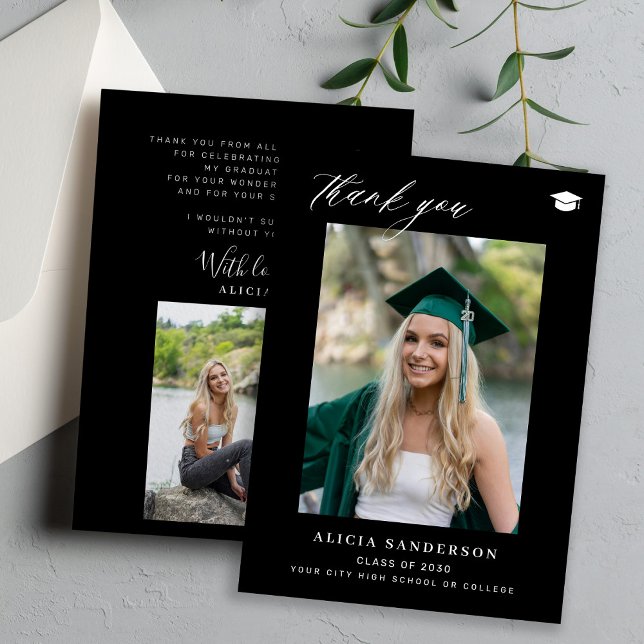 Graduate simple modern black photo graduation thank you card (Creator Uploaded)