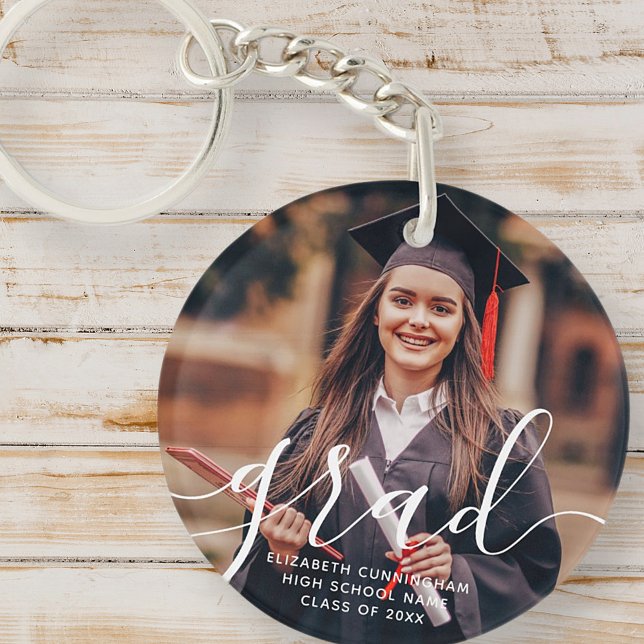 Graduate Simple Modern Script Classic Photo Key Ring (Creator Uploaded)