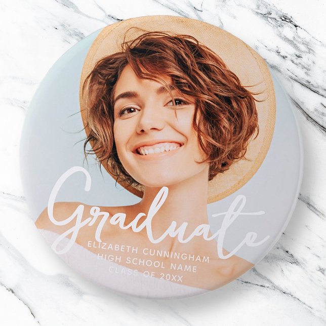 Graduate Simple Modern Script Grad Photo 7.5 Cm Round Badge (Creator Uploaded)