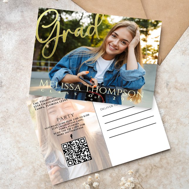 Graduate Simple Photo Template Gold Calligraphy Postcard (Graduation gold calligraphy typography photo invitation postcard)