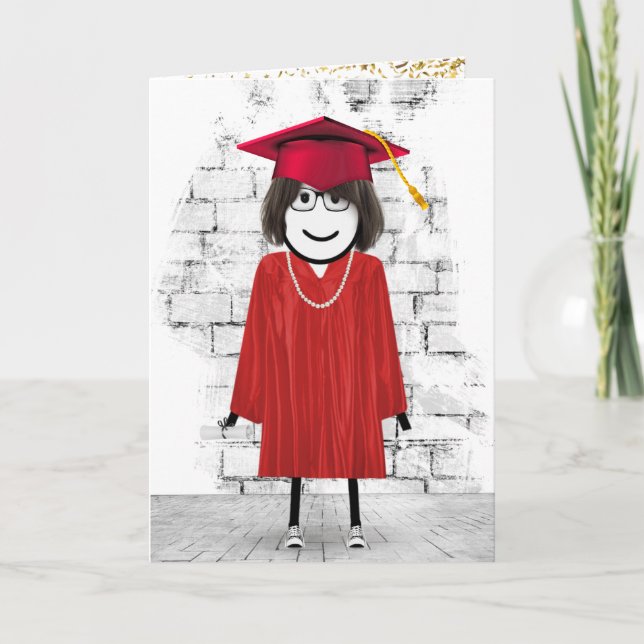 Graduate Stick Figure Girl with Diploma Card (Front)