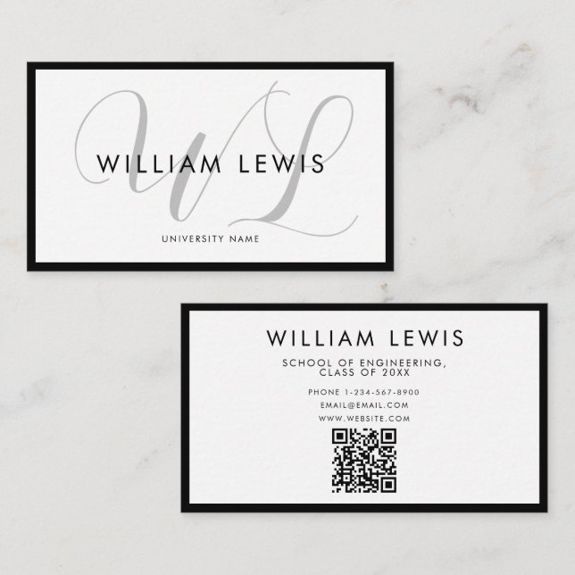 Graduate Student Modern Minimalist Script QR Code  Business Card (Front/Back)