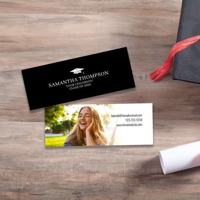 Graduate Student University Graduation Cap Photo Mini Business Card (Graduation simple name card with photo template in black and white. )