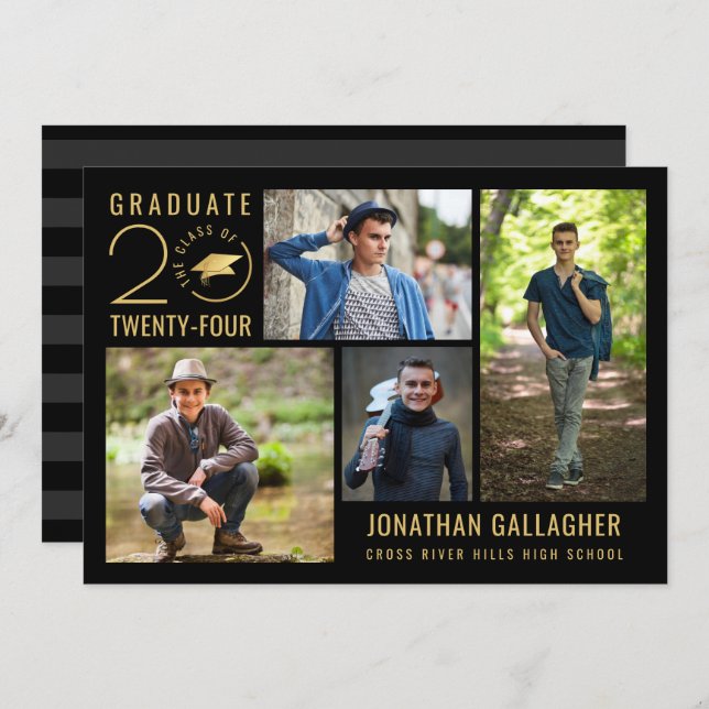 Graduate Stylish Class Year 4 Photo Black Gold Invitation (Front/Back)