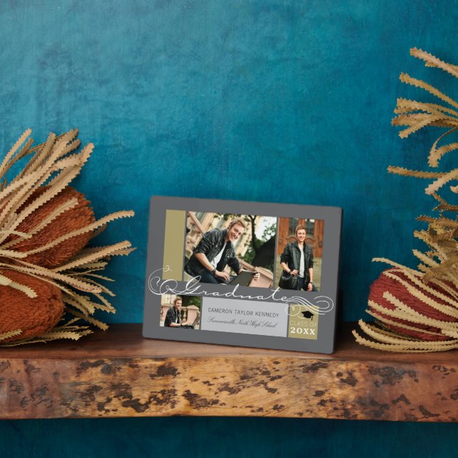 Graduate Stylish Scrolls 3 Photo Graduation Easel Plaque (Side)