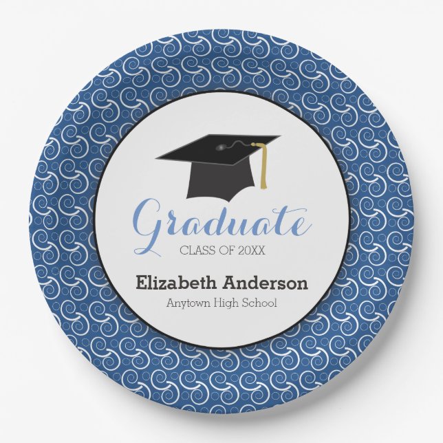 Graduate Swirl Pattern on Blue Graduation Party Paper Plate (Front)