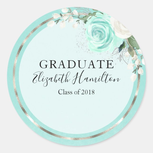 Graduate Teal & Foil Silver Modern Chic Floral Classic Round Sticker (Front)