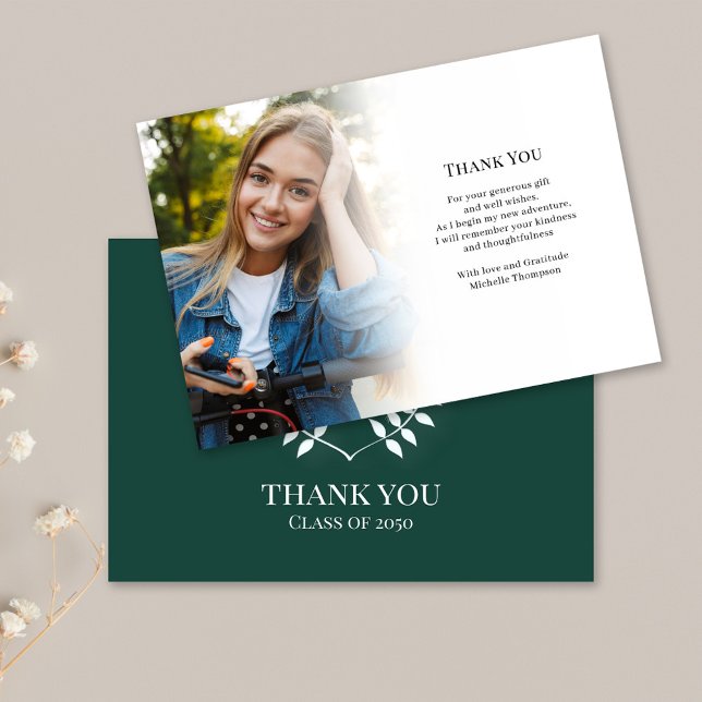Graduate Thank You Photo Classic Dark Green White Card (Graduation dark green and white classic laureate photo thank you card.)