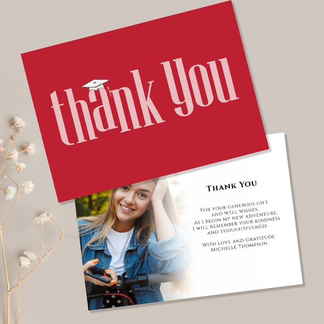 Graduate Thank You Photo Elegant Cardinal Red (Graduation photo thank you card with Cardinal red school color theme. )