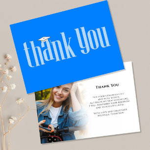 Graduate Thank You Photo Modern Azure Blue White Card