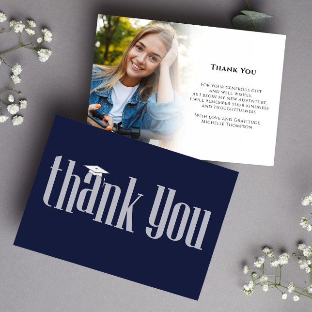 Graduate Thank You Photo Navy Blue Modern Elegant Card (Graduation thank you card with navy blue and white modern-style typography. )