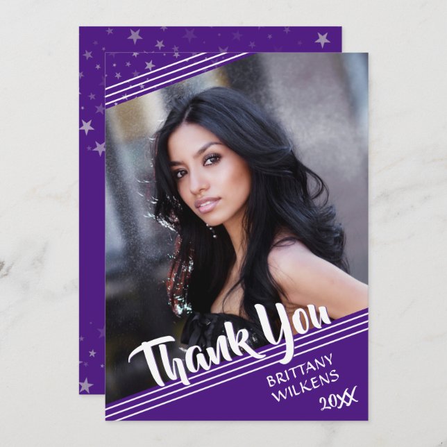 Graduate Thank You | Stars | Purple and White Invitation (Front/Back)