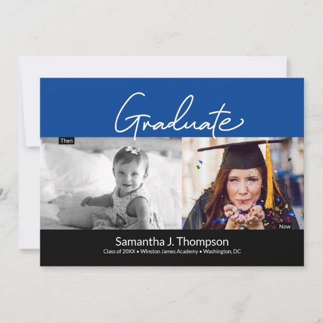 Graduate Then and Now Photos blue Graduation Party Invitation (Front)