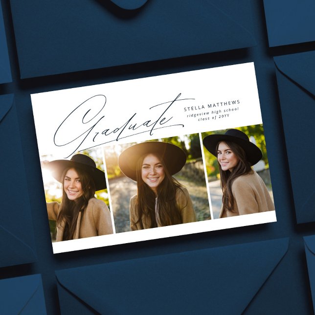 Graduate three photo simple modern navy graduation invitation (Creator Uploaded)