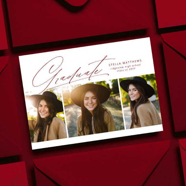 Graduate three photo simple modern red graduation invitation (Creator Uploaded)