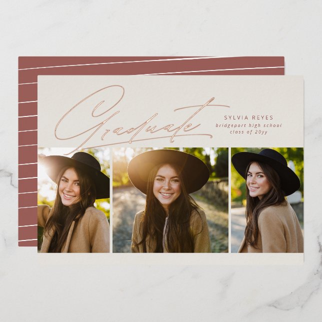 Graduate three photo simple rose gold graduation (Front/Back)