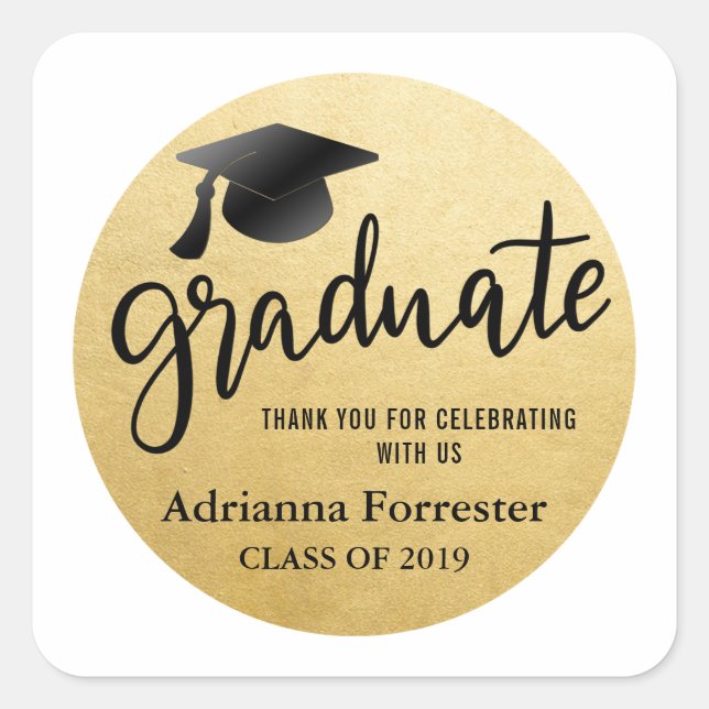 Graduate Typography Gold Foil | Modern Elegant Square Sticker (Front)