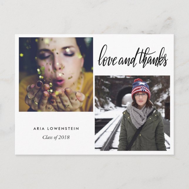 Graduate Typography Love And Thanks | Two Photos Announcement Postcard (Front)