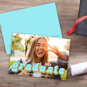 Graduate Typography Photo Simple Blue Fun Retro Invitation