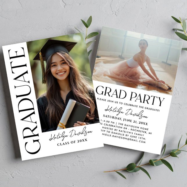 Graduate Vertical Photo Black White Invitation (Creator Uploaded)