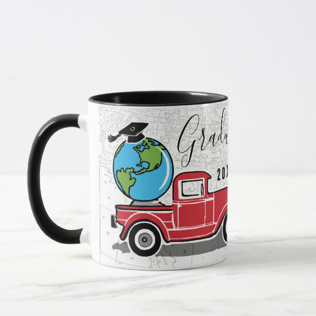 Graduate Vintage Red Truck Globe Monogrammed Name Mug (Left)