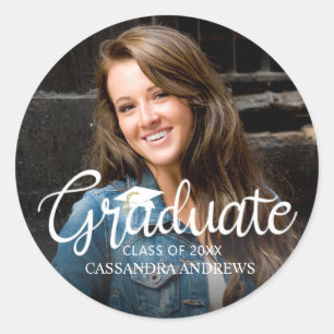 Graduate White Handwritten Script Photo Classic Round Sticker