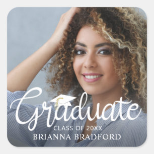 Graduate White Handwritten Script Photo Square Sticker