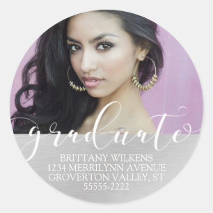 GRADUATE White Script Silver Photo Return Address Classic Round Sticker